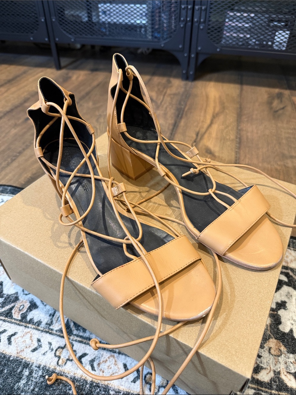 REBECCA MINKOFF Issa Gladiator Tan Lace-Up Block Heel Sandals